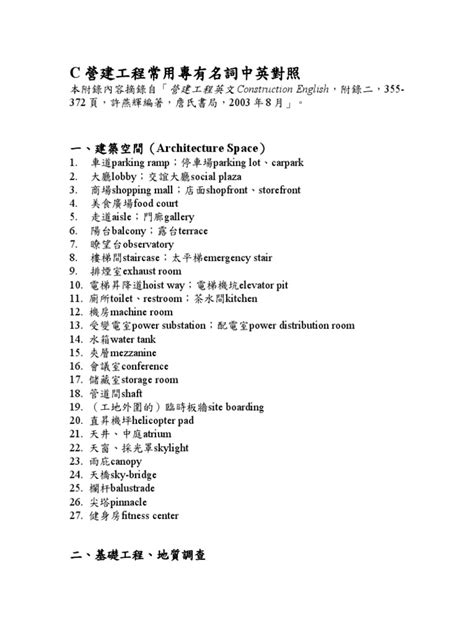 鋼筋術語|C. 營建工程常用專有名詞中英對照